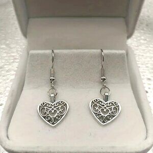 Heart Shaped Filigree Drop Earrings‎ 1.7cm/0.67in Size Silver Tone Lightweight &